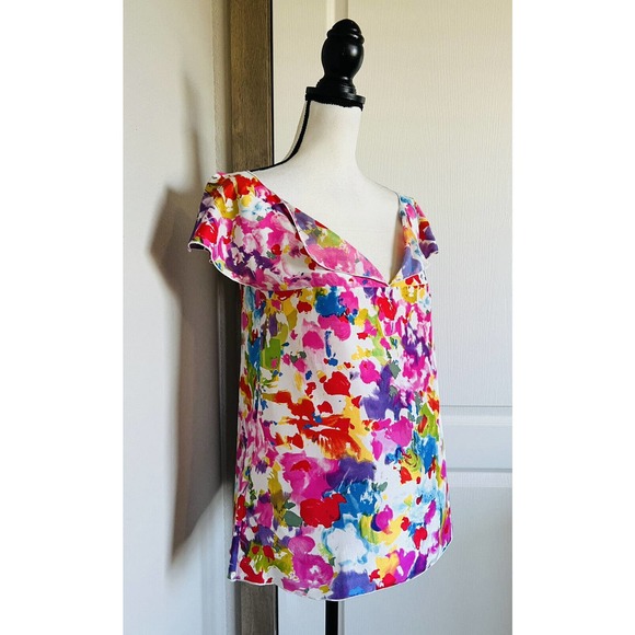 Le Shack By Tracy Feith Sz 4 100% Silk Watercolor Multicolor Print Top Blouse - Picture 3 of 12